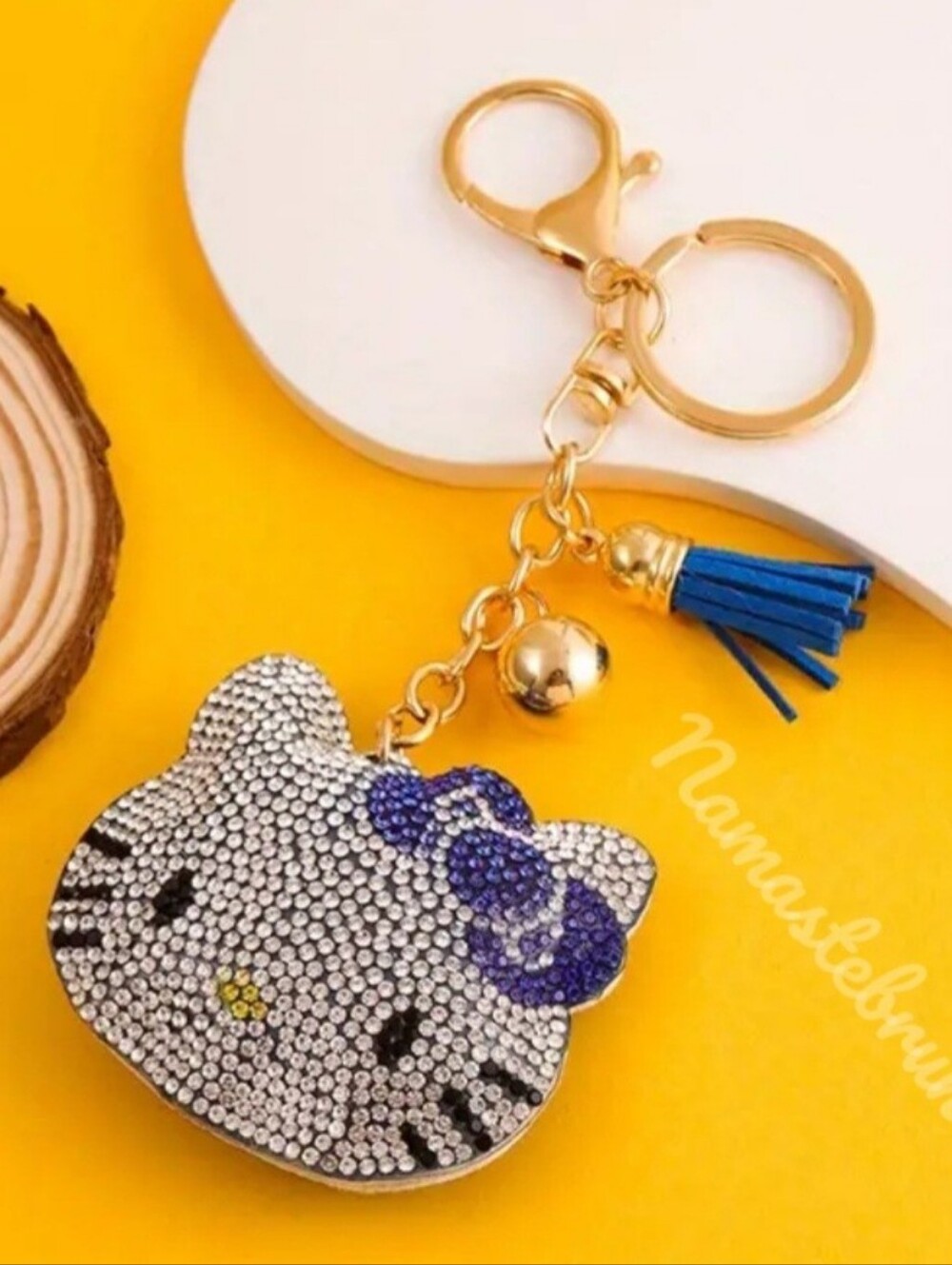 Hello Kitty Blue Bow Crystal Rhinestone Keychain Bag Charm With Tassel